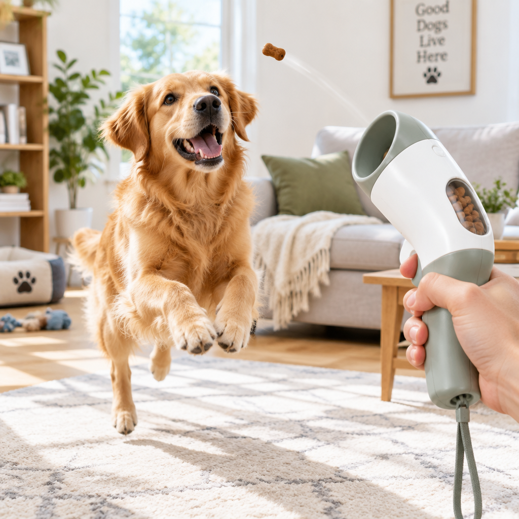 Golden retriever leaping for a treat launched by the Pet Treat Launcher